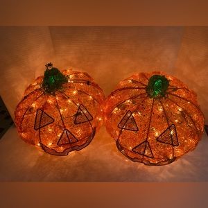 VTG 11” SET OF TWO Halloween Spun Spaghetti Lucite Pumpkin Jack-O-Lantern